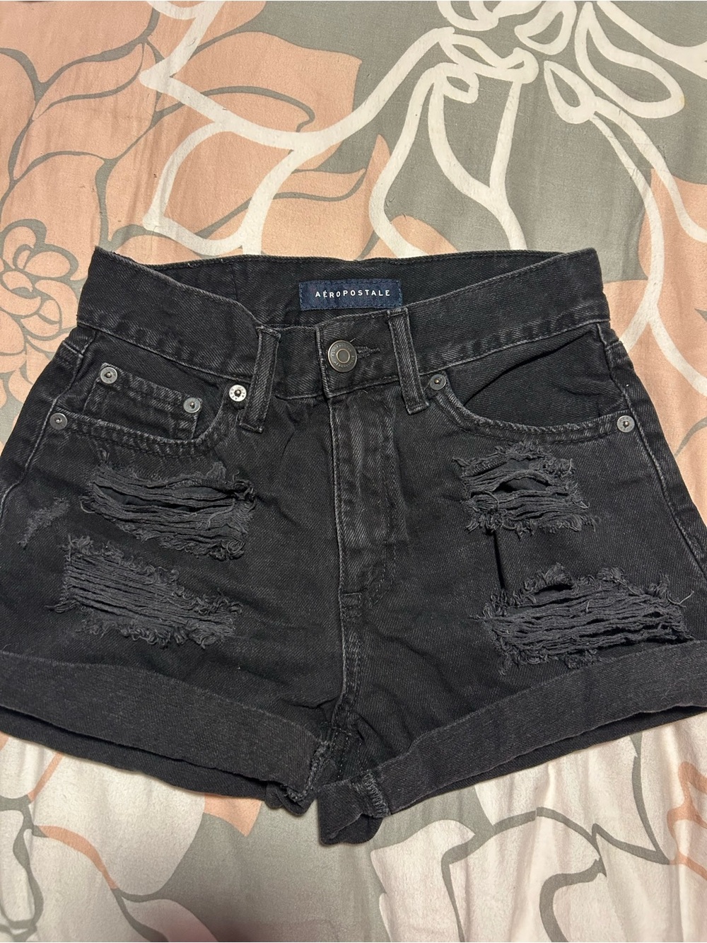 Aeropostale Women's Black Distressed Rolled-Hem Denim Shorts